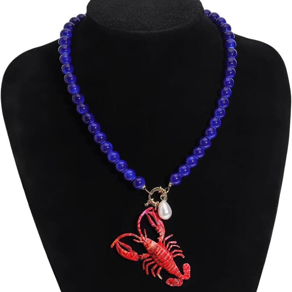 Elegant Deep Blue Beaded Lobster Pendant Necklace for Women - Beach Chic - Picture 2 of 7